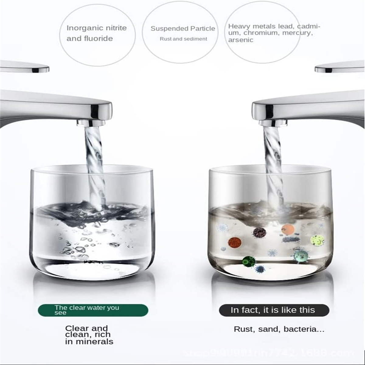 Wassergläser-Vergleich: klares Wasser vs. Wasser mit Rost und Bakterien.
