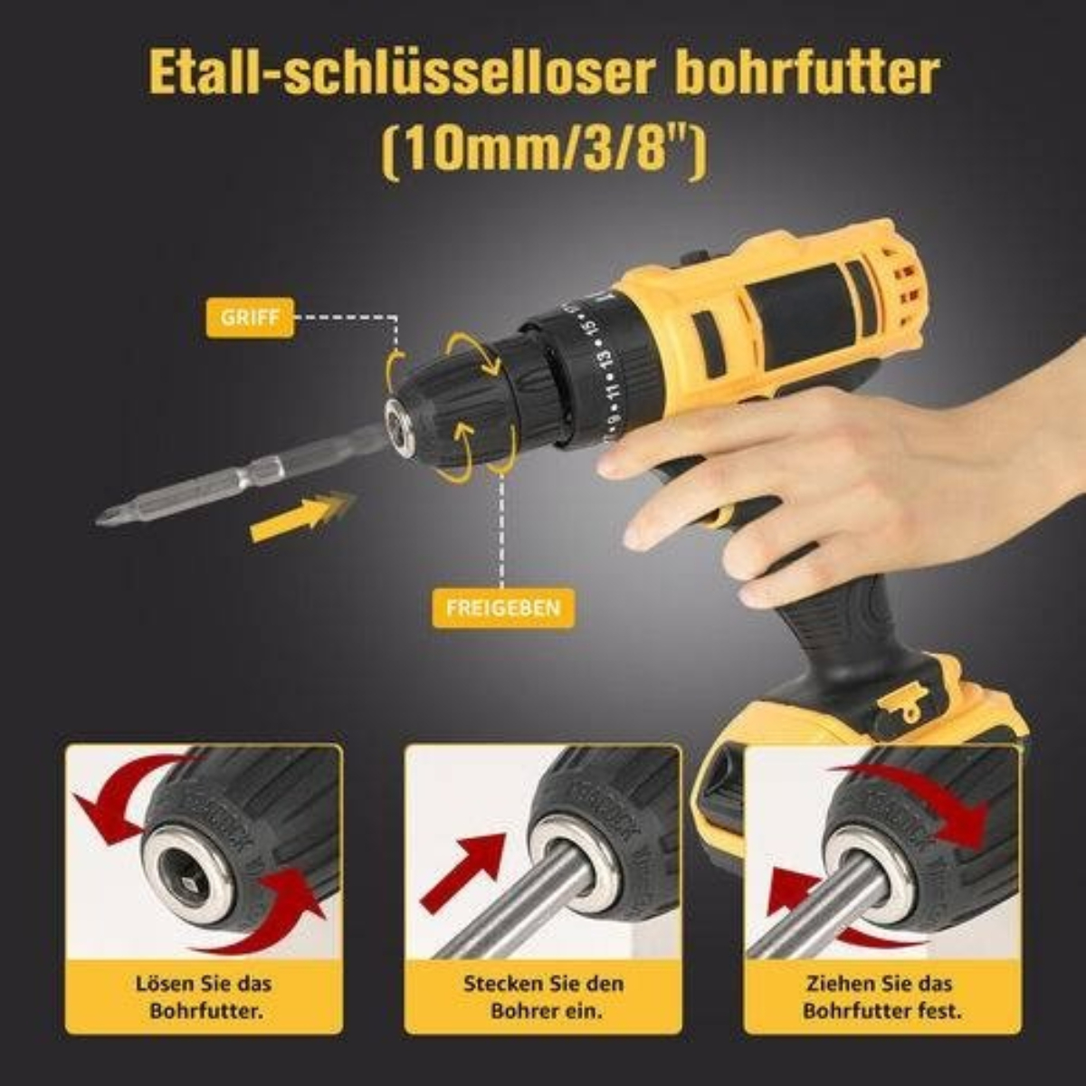 Diagramm einer Bohrmaschine. Es zeigt, wie man einen Bit einsetzt. Es hat ein schwarz-gelbes Farbschema.