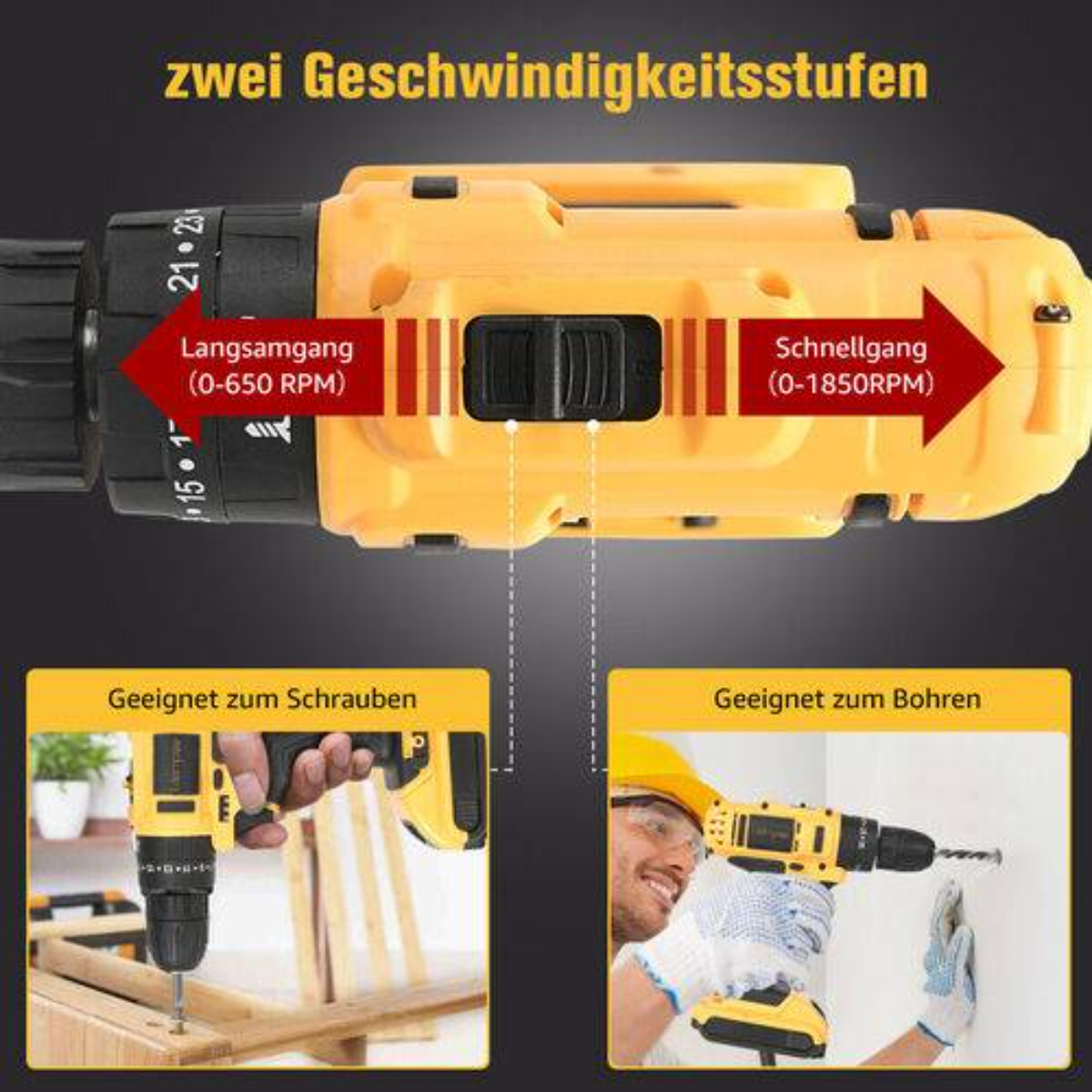 Eine Bohrmaschine mit zwei Geschwindigkeitseinstellungen. Fotos zeigen die Bohrmaschine in Gebrauch, beim Schrauben und Bohren. Gelb und Schwarz.