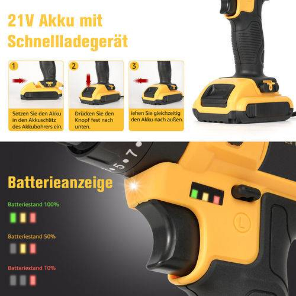 Gelber und schwarzer Bohrer mit Nahaufnahme der Batteriestandsanzeige und Ladeschritten.