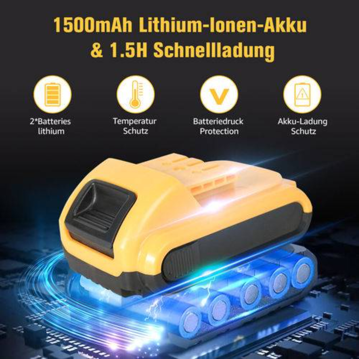 Ein gelber Akku für einen Bohrer. Es zeigt Batterien im Inneren. Informationen über die Batterie werden angezeigt.