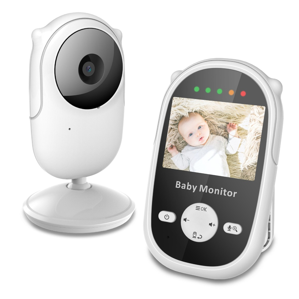 Weißes Babyphone-Set; Kamera links, Display rechts. Display zeigt Baby auf flauschiger Decke.
