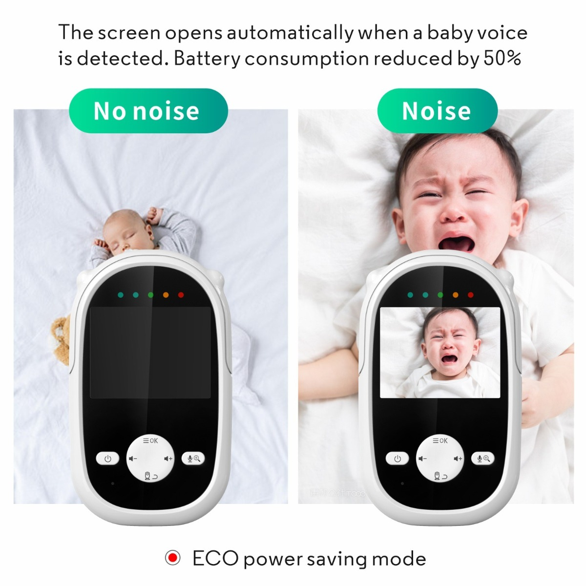 Babyphone zeigt ein schlafendes und ein weinendes Baby mit Text darüber.
