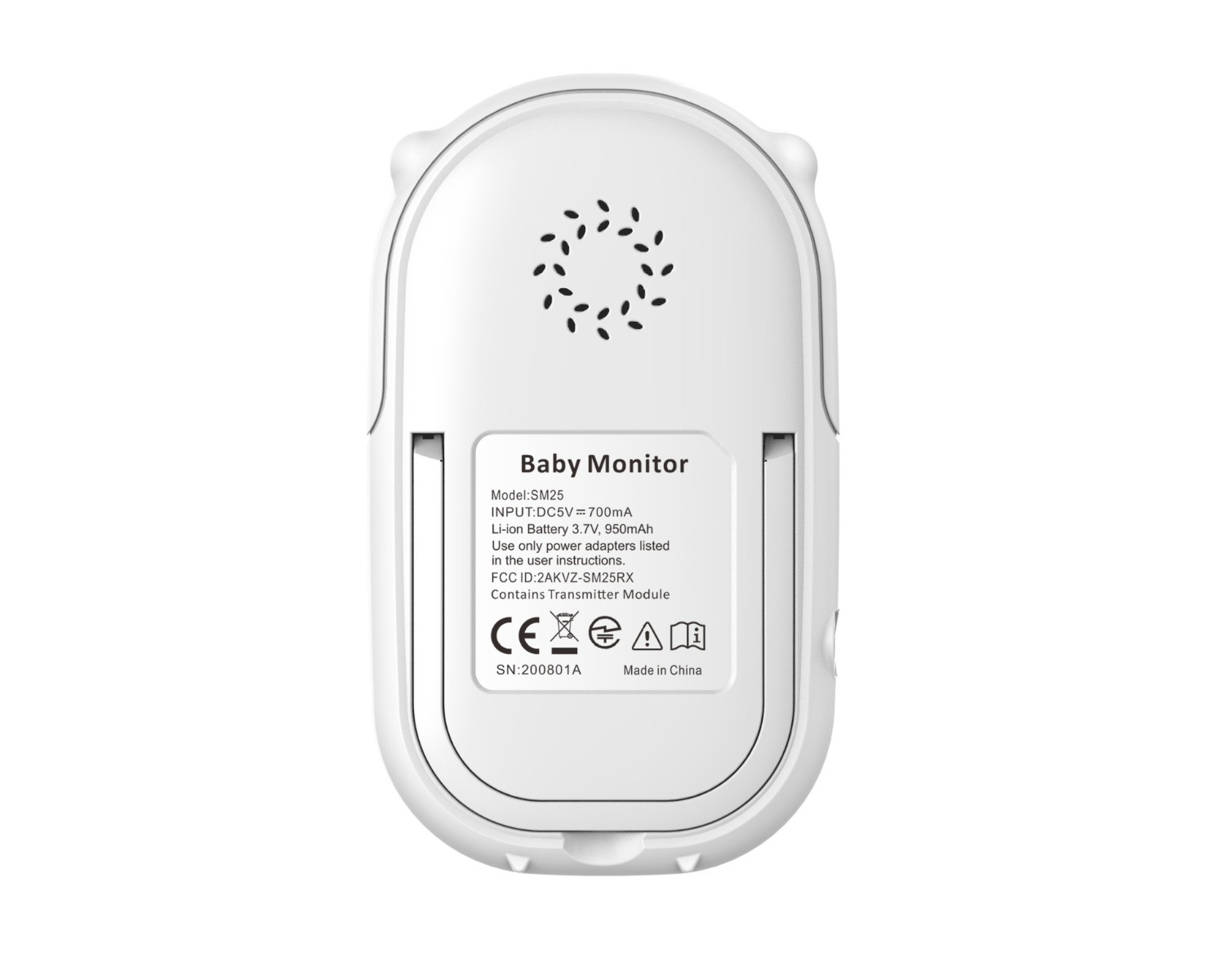 Rückseite des Babyphones. Enthält einen Lautsprecher, einen Stromanschluss und ein Informationsetikett.