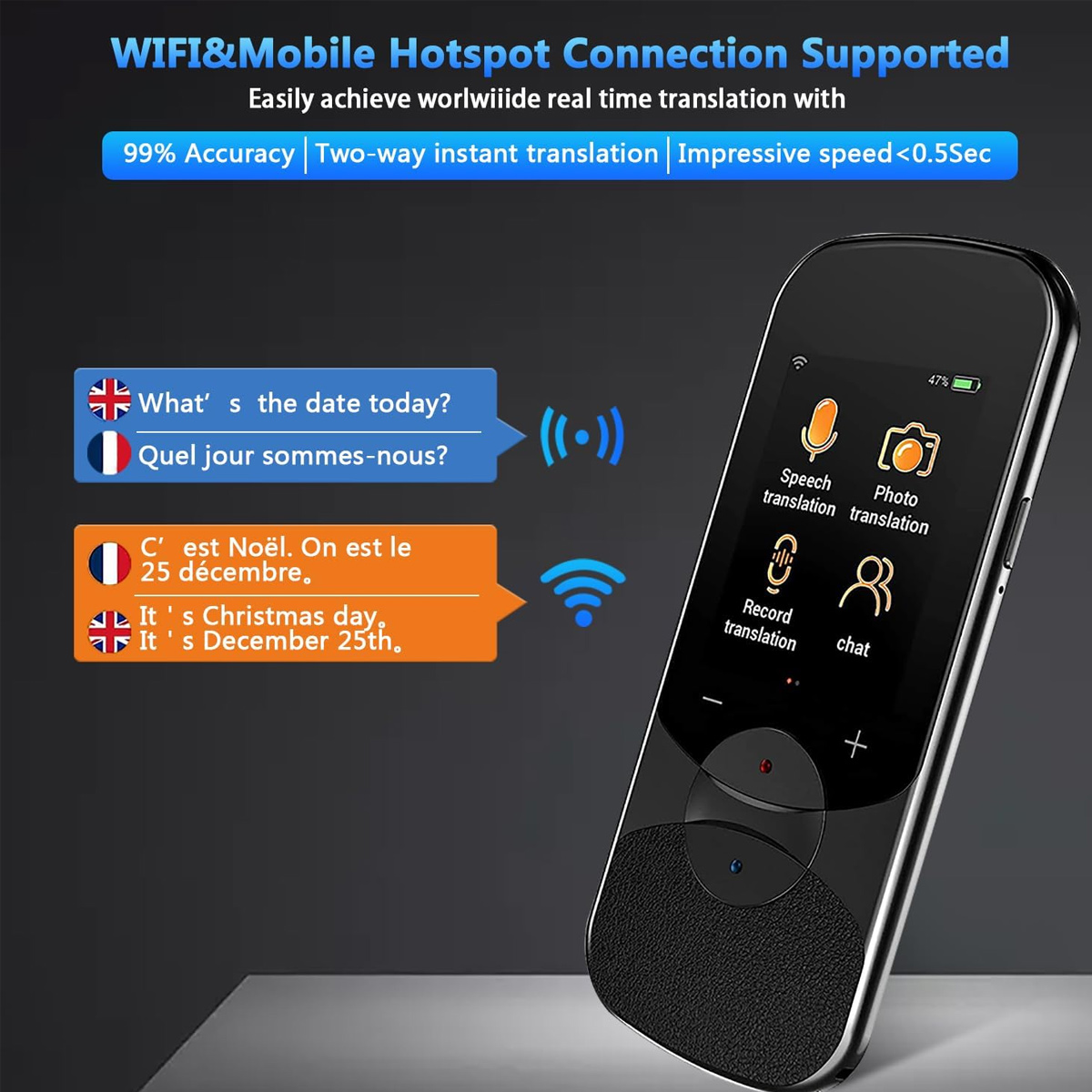 Schwarzes und silbernes Übersetzungsgerät mit Bildschirm, der Text und ein WLAN-Symbol zeigt.