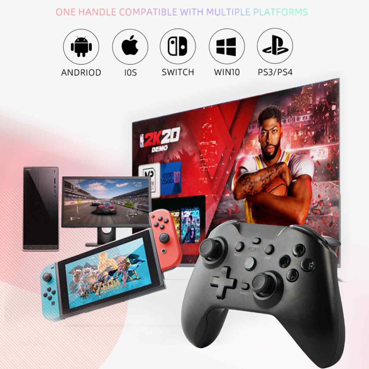 Schwarzer Gamecontroller mit mehreren Tasten vor einem Fernsehbildschirm und anderen Spielgeräten.