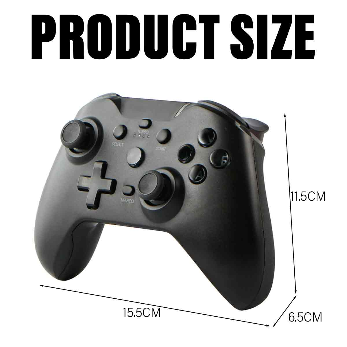 Schwarzer Gamecontroller mit Knöpfen und Abmessungen von 15,5 cm x 11,5 cm x 6,5 cm werden gezeigt.