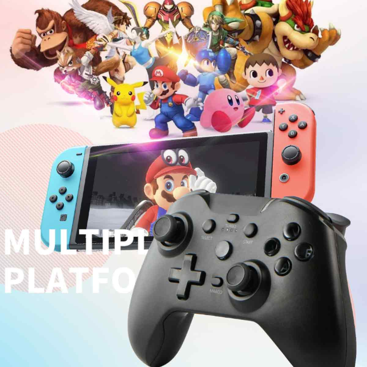 Eine Spielkonsole mit Controller und mehrere Zeichentrickfiguren im Hintergrund.