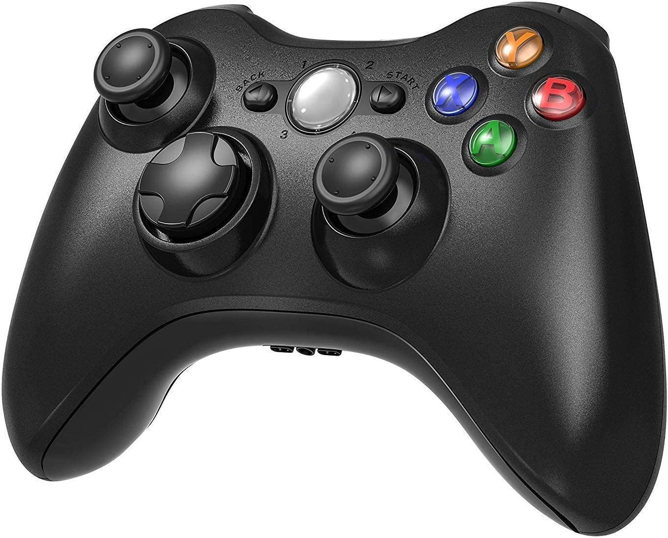 Ein schwarzer Gamecontroller mit verschiedenen Tasten wie Zurück, Start und einem Richtungspad.