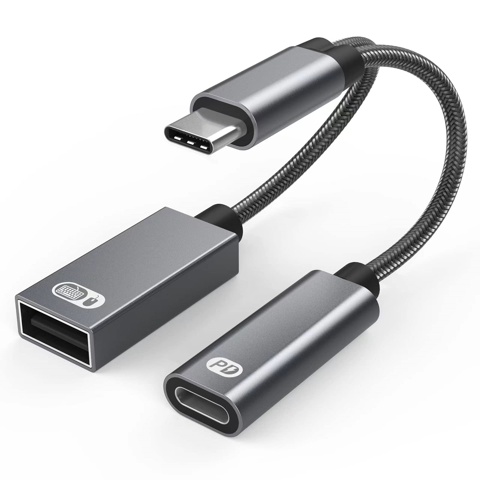 Grauer USB-C-Adapter mit USB-A- und USB-C-Anschlüssen auf weißem Grund.