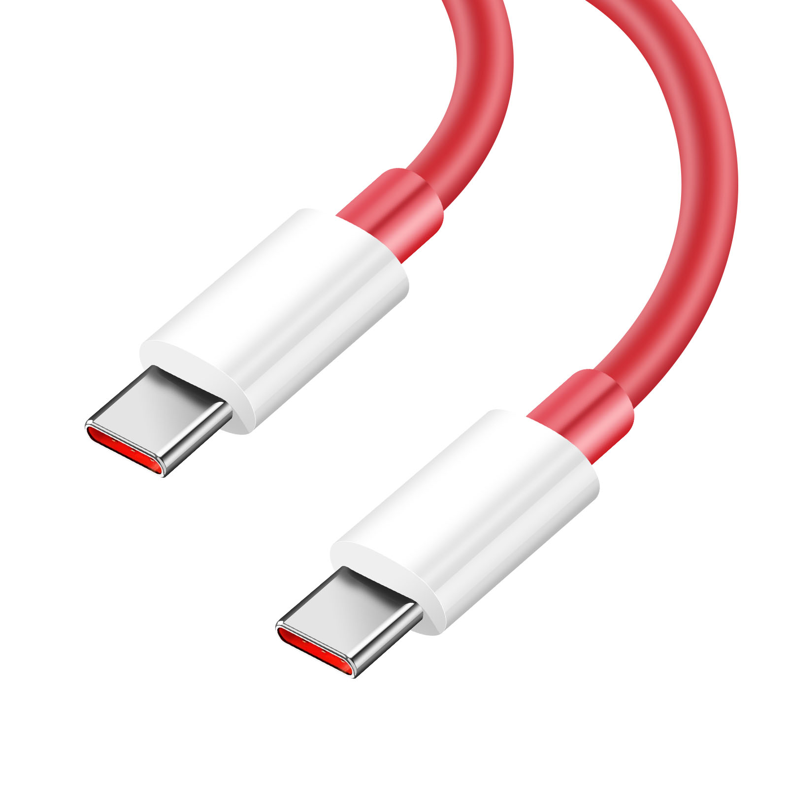 Zbliżenie czerwonego kabla USB-C z białymi złączami. Białe tło.