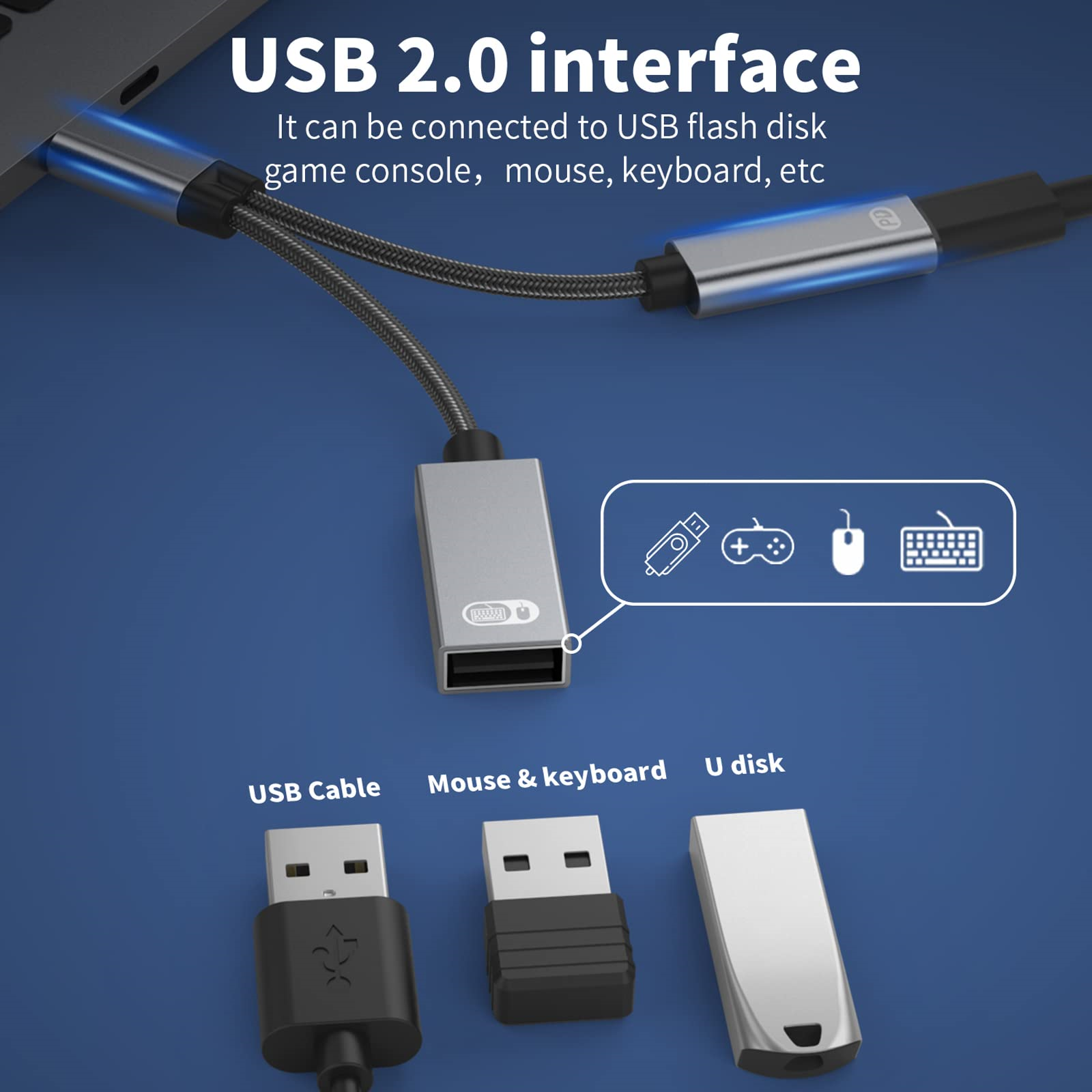 USB 2.0-Schnittstelle mit Kabeln und drei USB-Anschlüssen: Kabel, Maus, U-Disk.