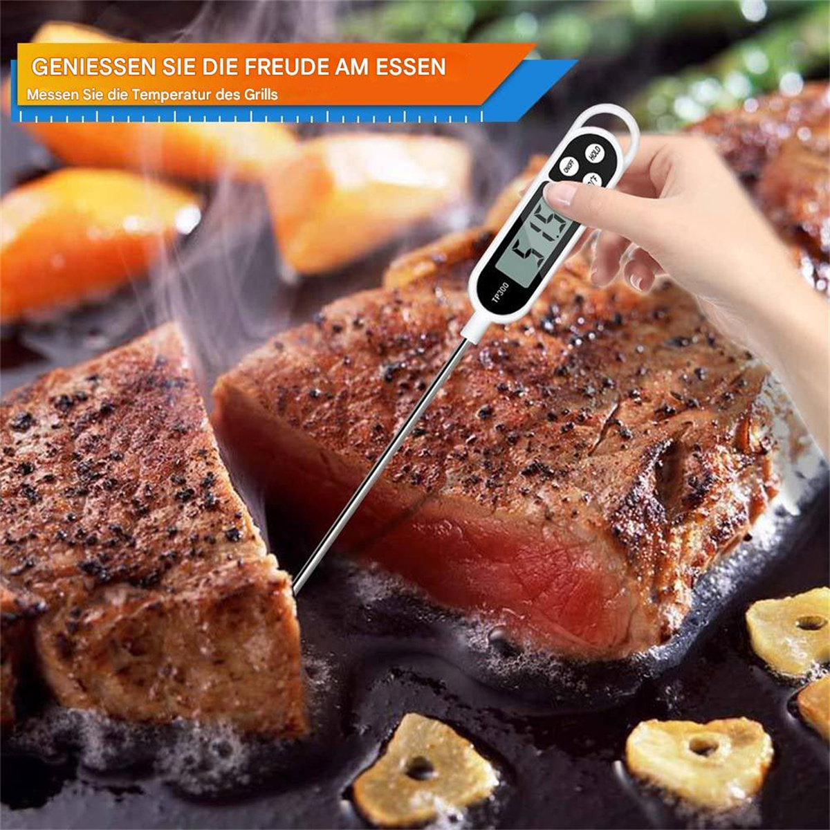 Gebratenes Steak mit Thermometer, zeigt 51,5 Grad. Text: „Genießen Sie das Essen“.