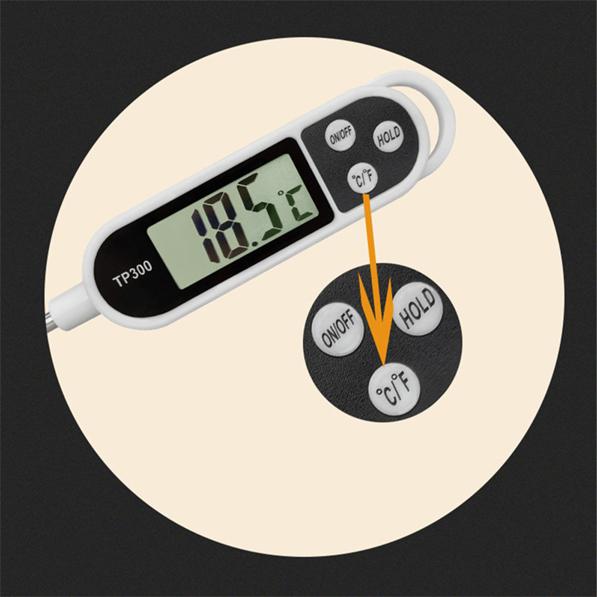 Thermometer zeigt 18,5 Grad. Es hat drei Knöpfe: EIN/AUS, °C/°F und HALTEN.
