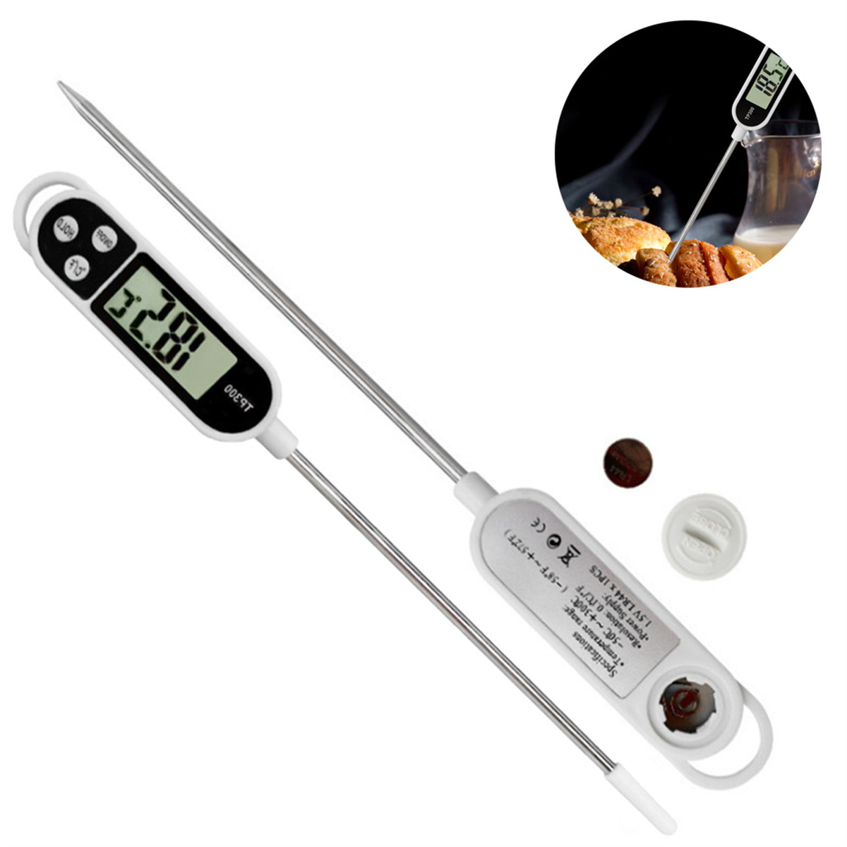Zwei Thermometer, eines zeigt 18,2 Grad. Eines hat eine Sonde und liegt auf weißer Fläche.