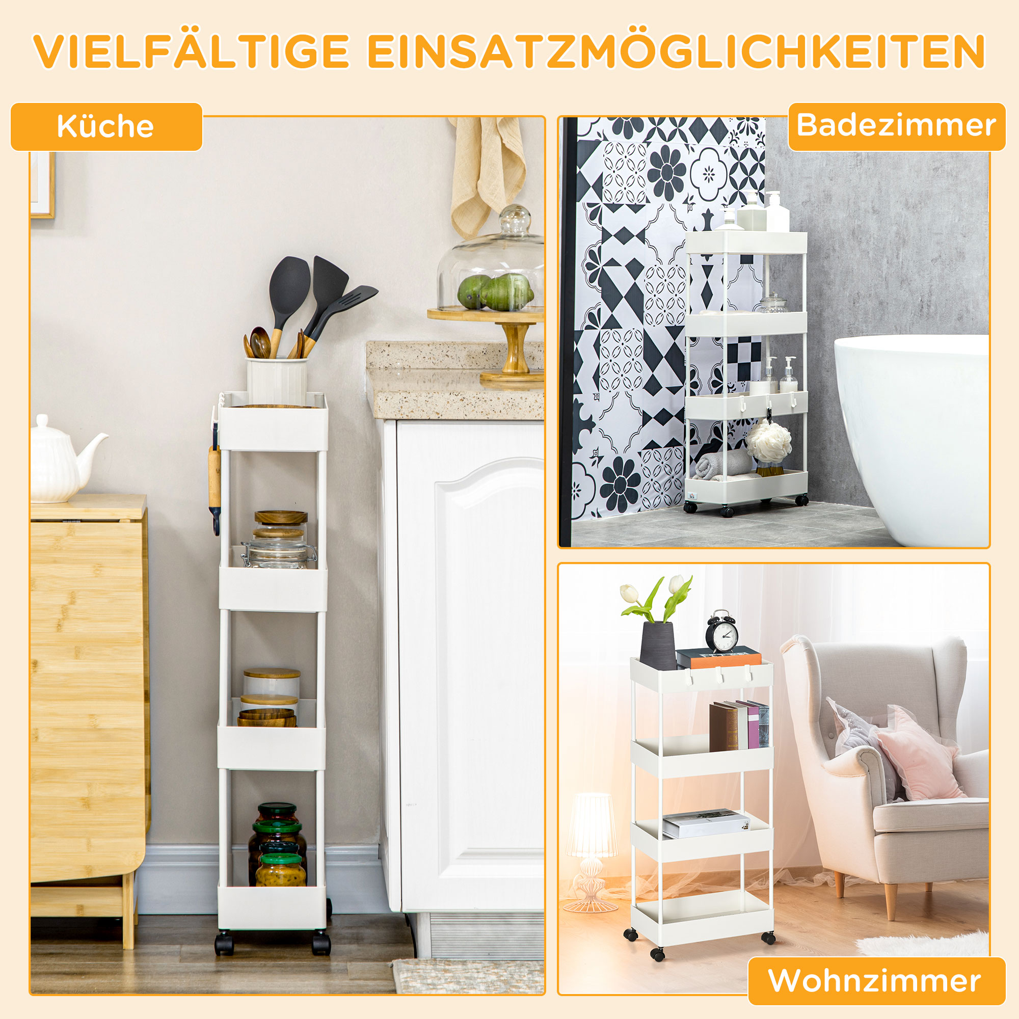 Drei weiße Regale mit Rollen in verschiedenen Umgebungen: Küche, Bad, Wohnzimmer.