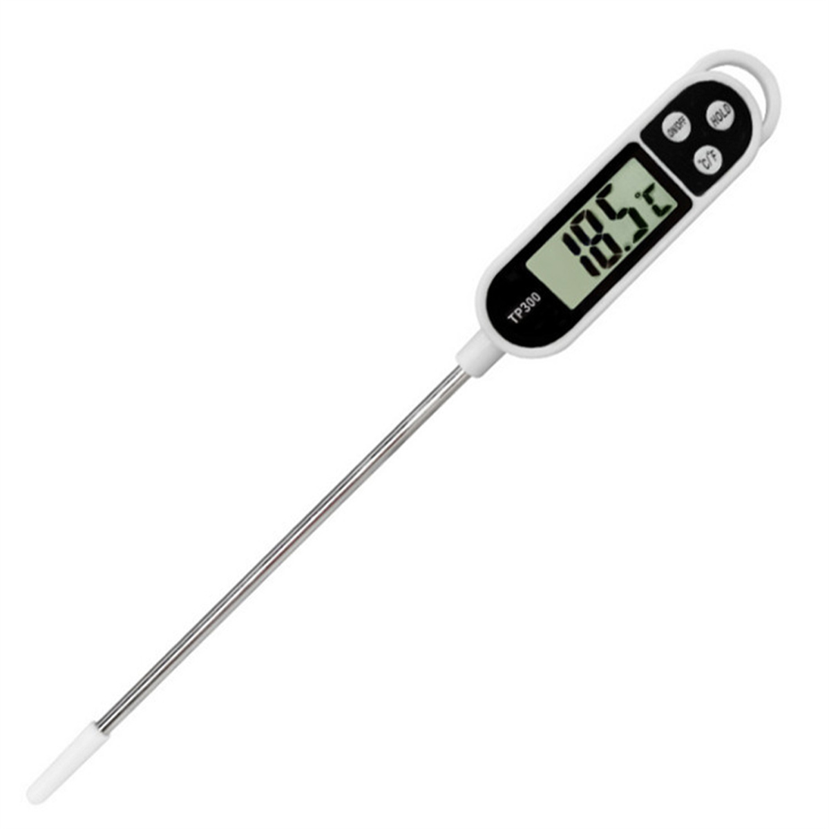 Digitales Thermometer mit weißer Spitze und LCD-Anzeige mit 18,5°C.