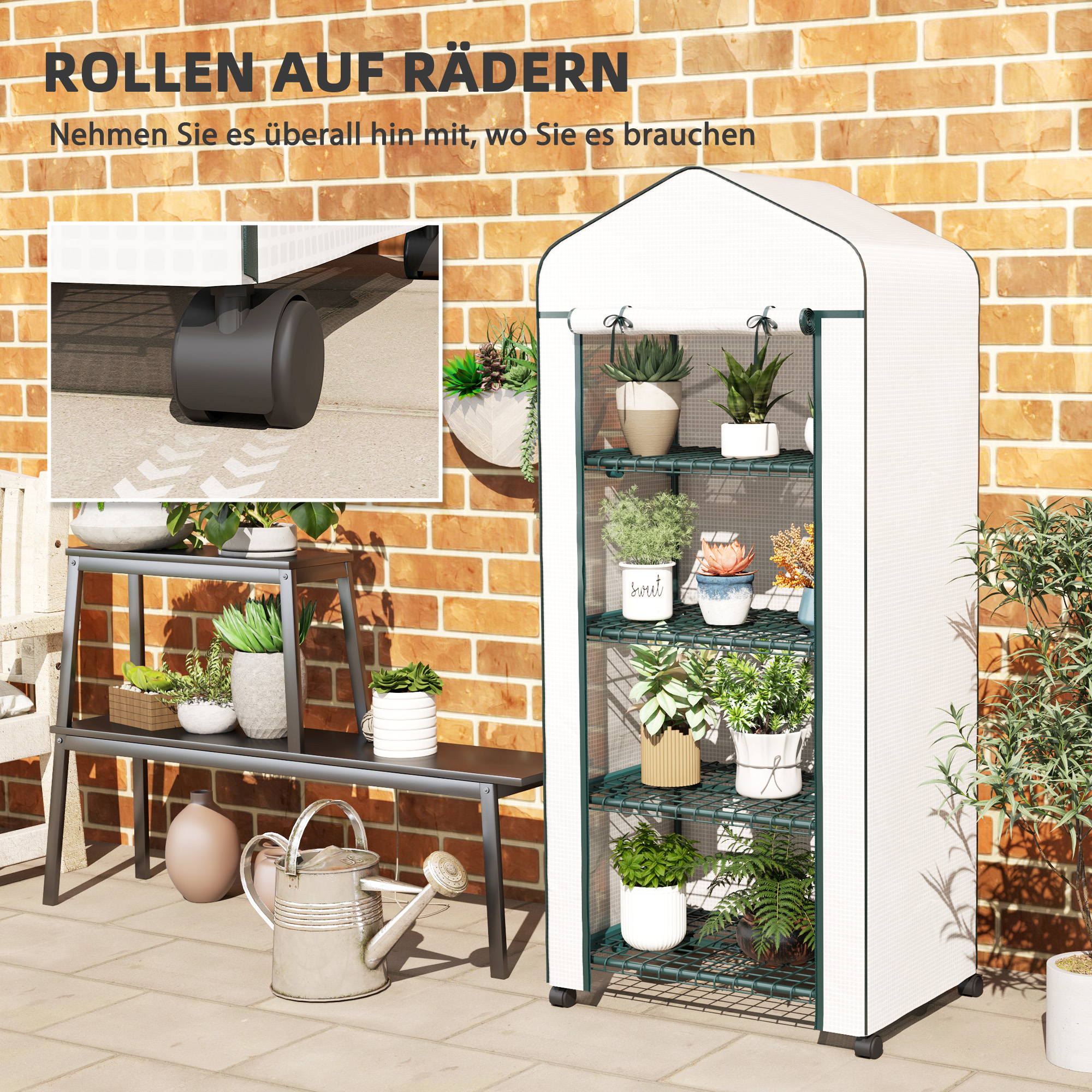 Indoor-Gewächshaus mit Pflanzen. Es gibt mehrere Regale mit Pflanzen auf einem Ziegelhintergrund.