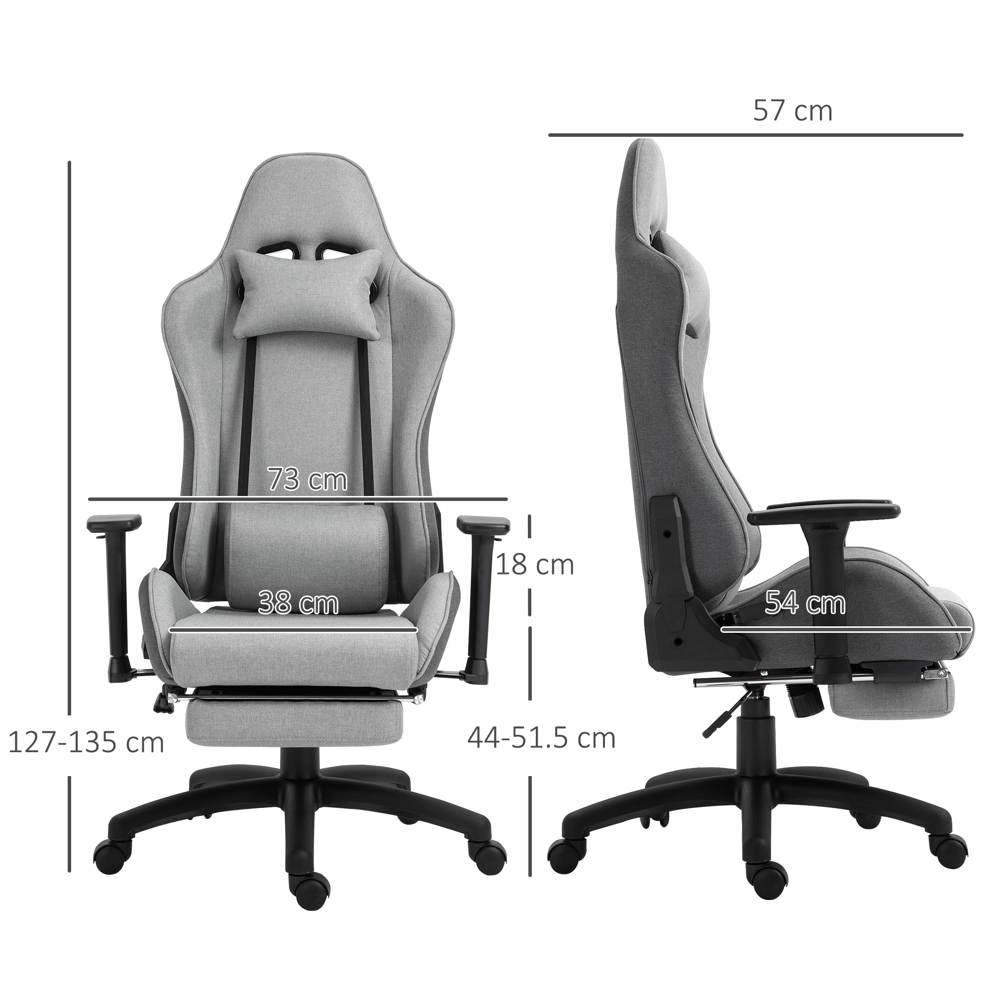 Ein grau-schwarzer Gaming-Stuhl mit angegebenen Abmessungen für Höhe, Breite und Tiefe.