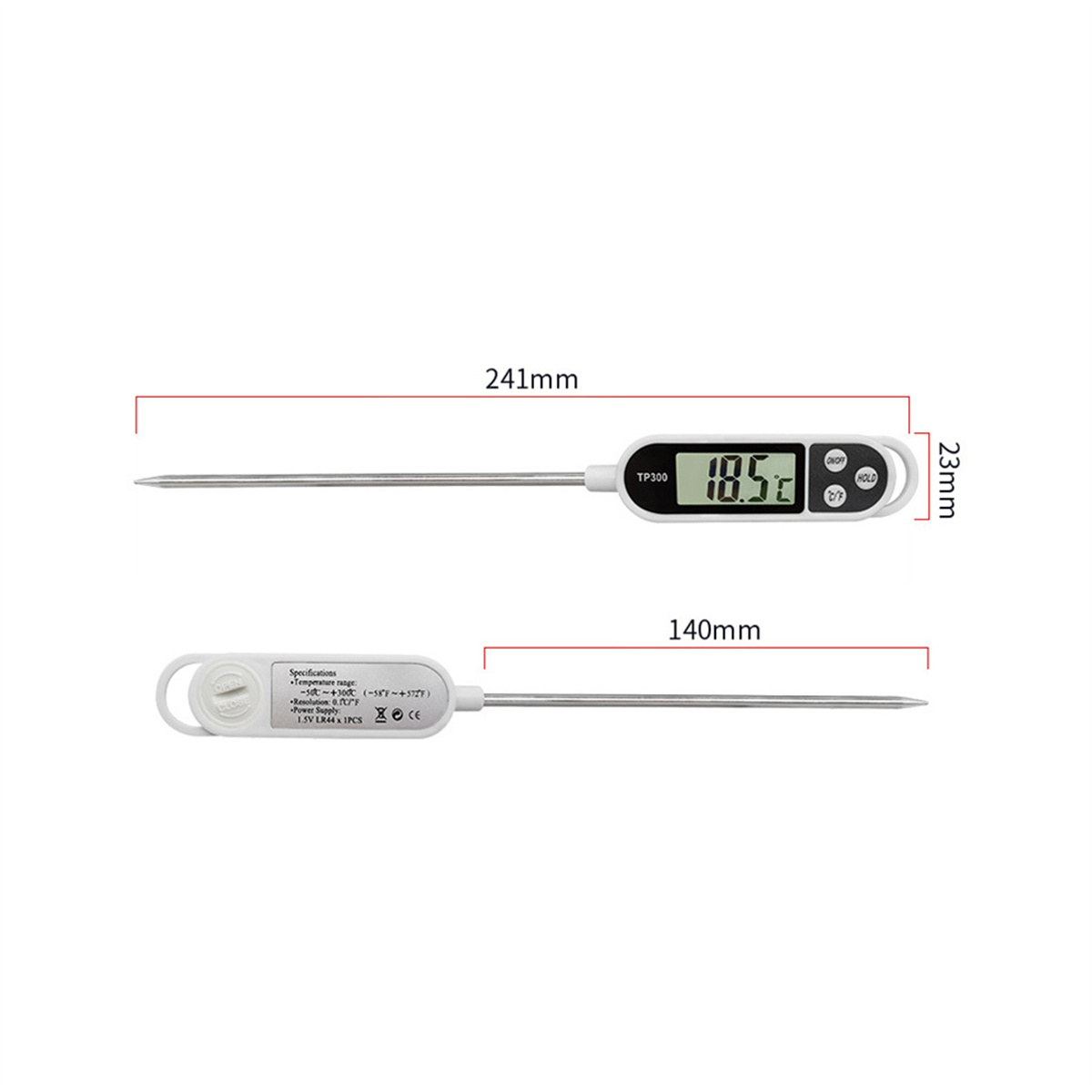 Digitales Thermometer. Es hat eine lange Sonde und ein Display mit 18,5 Grad, mit Messdetails.