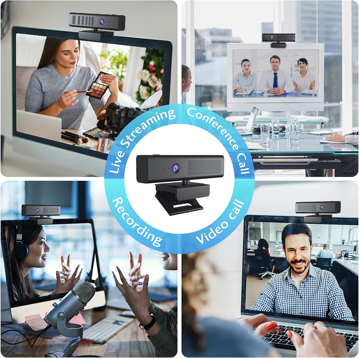 Eine Collage von Webcams in Verwendung: Videoanruf, Live-Streaming, Aufnahme und Konferenzschaltung.