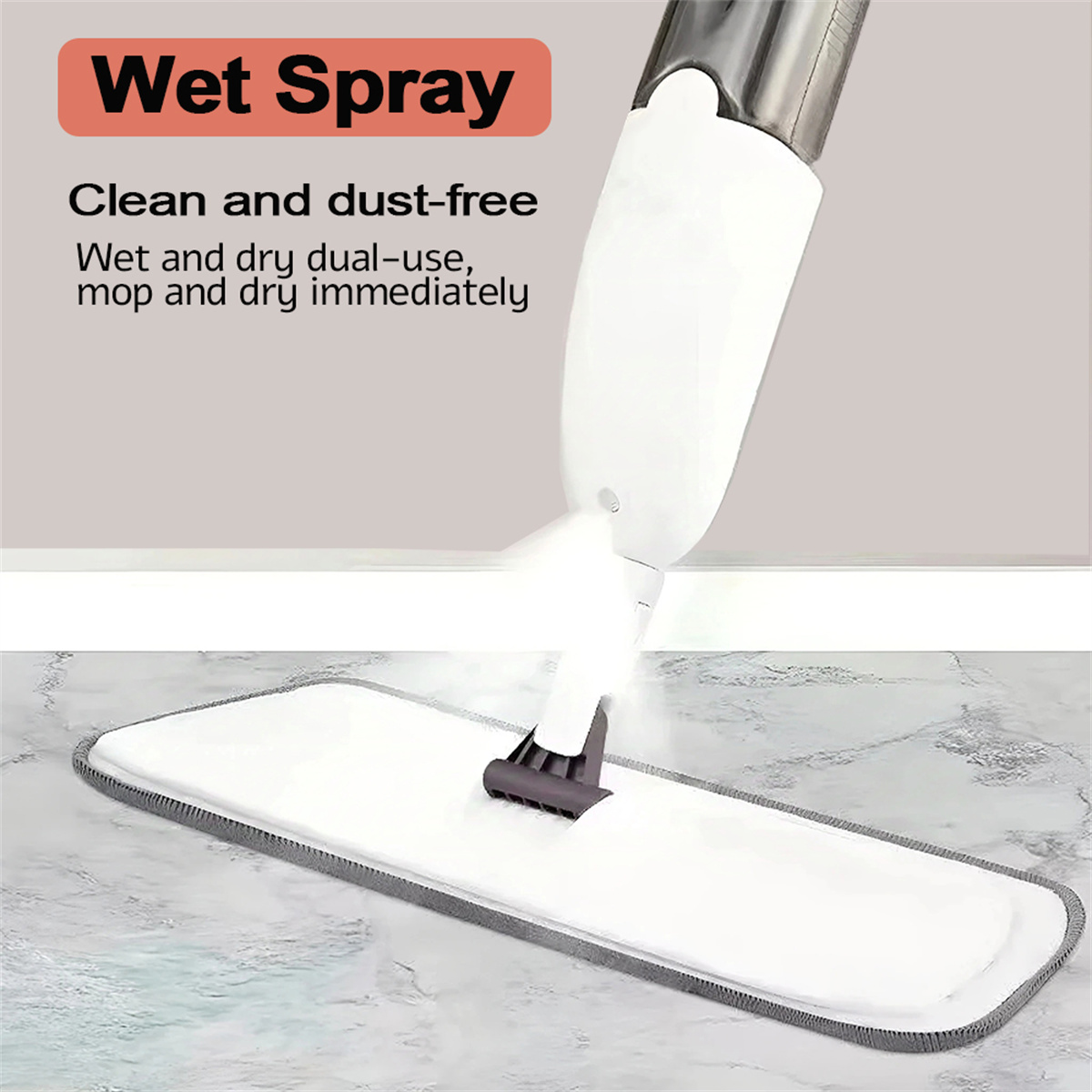 Wischmopp: Wet Spray Wischmopp auf Marmorboden. Text: 'Clean and dust-free', 'Wet and dry dual-use', 'mop and dry'.