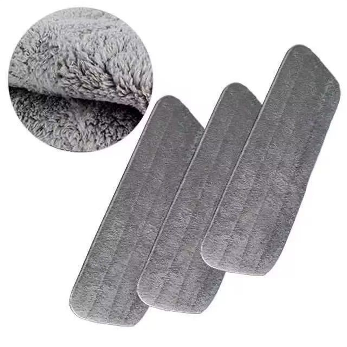 Drei graue Mikrofaser-Mopppads. Eines ist teilweise ausgeklappt, um die Textur zu zeigen.