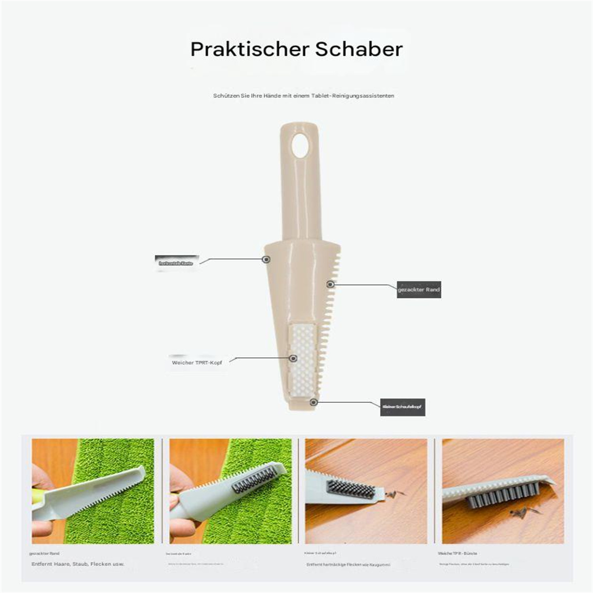 Eine Illustration eines Reinigungswerkzeugs mit seinen Komponenten und Beispielen seiner Verwendung auf verschiedenen Oberflächen.