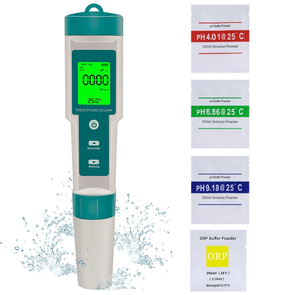 Ein TDS-Messgerät mit Pufferpulverpackungen und Wasser, mit weißem Hintergrund und Text.