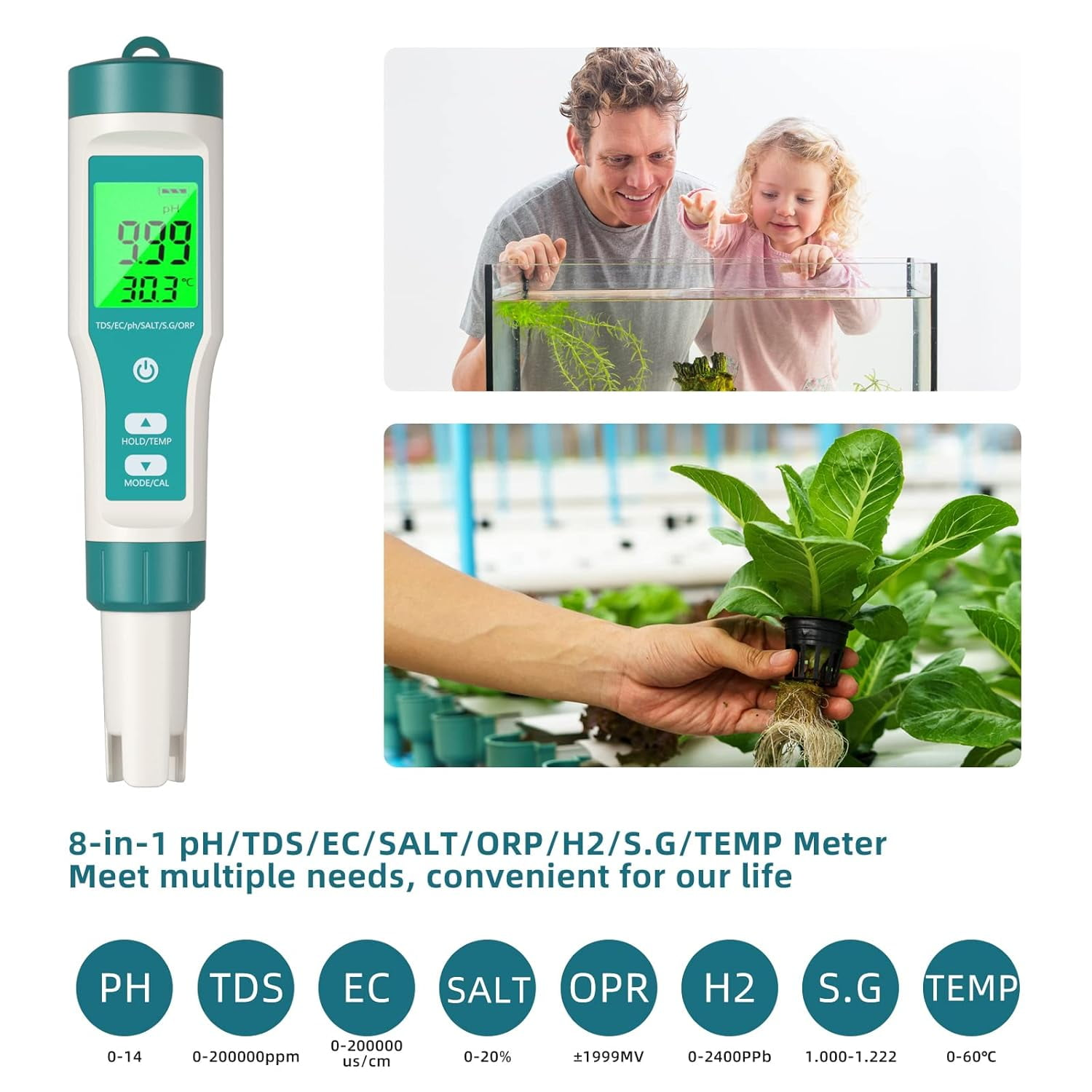 8-in-1 Wasserqualitätsmessgerät mit Messwerten und eine Familie, die einen Tank mit Pflanzen betrachtet.