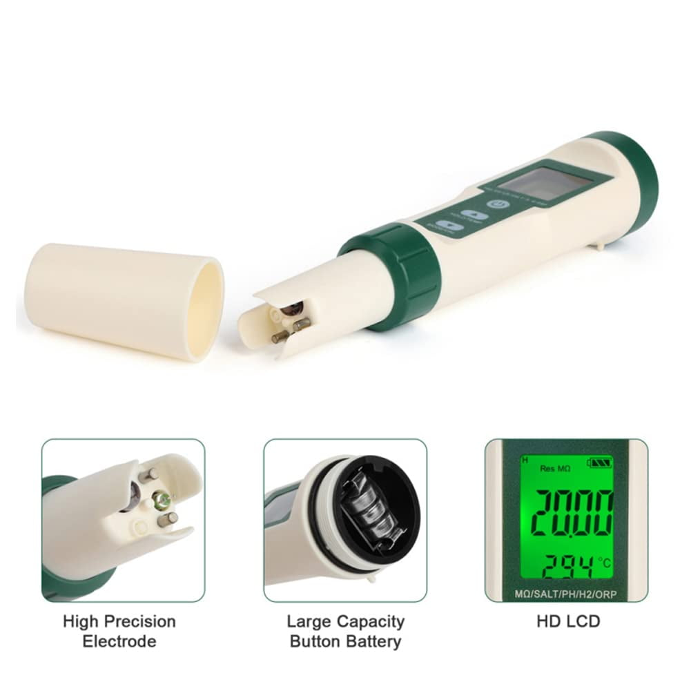 Wasserqualitätsprüfer mit Details zu Sonde, Batteriefach und LCD-Anzeige.