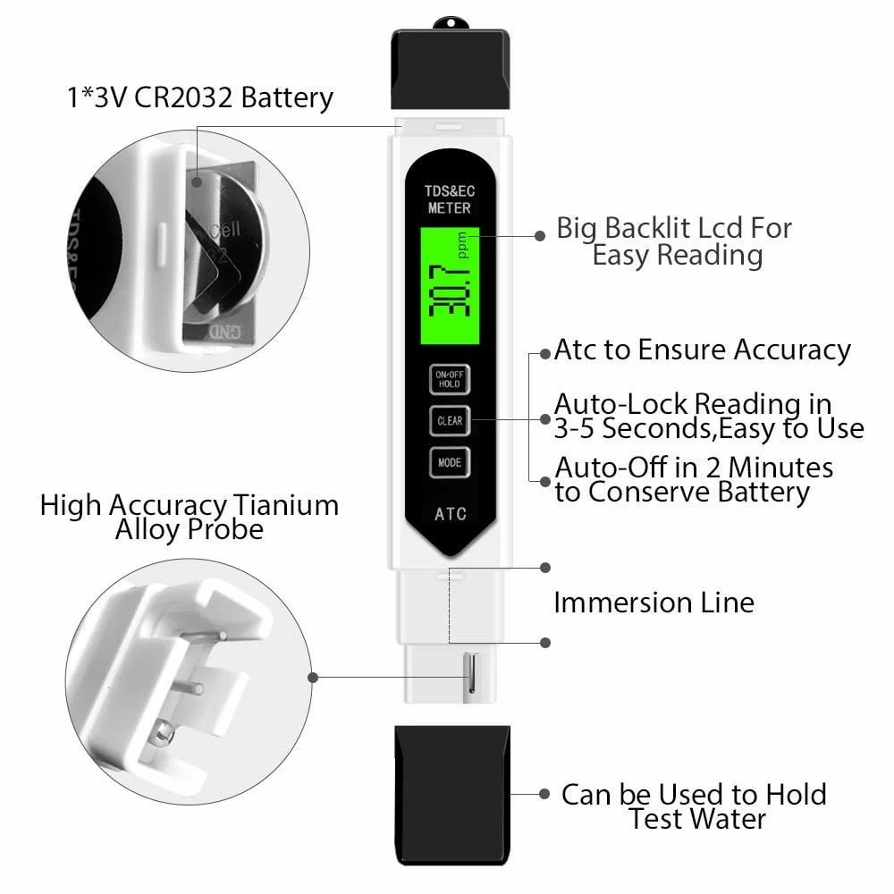 Nahaufnahme eines Wasserqualitätsmessgeräts mit Batterie, LCD und beschrifteten Sondendetails.