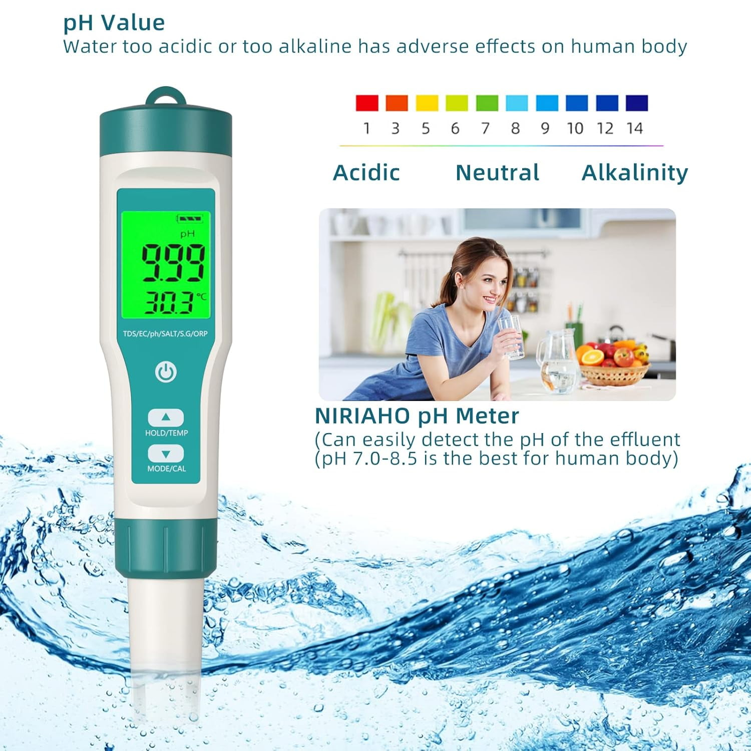Ein pH-Messgerät im Wasser, das den pH-Wert anzeigt, und eine Tabelle, die saure bis alkalische Werte angibt.