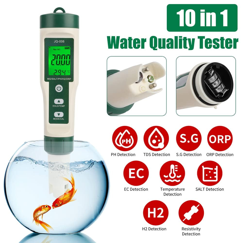 Ein 10-in-1 Wasserqualitätsprüfer mit Fischen in einer Schüssel und veranschaulichten Testarten.