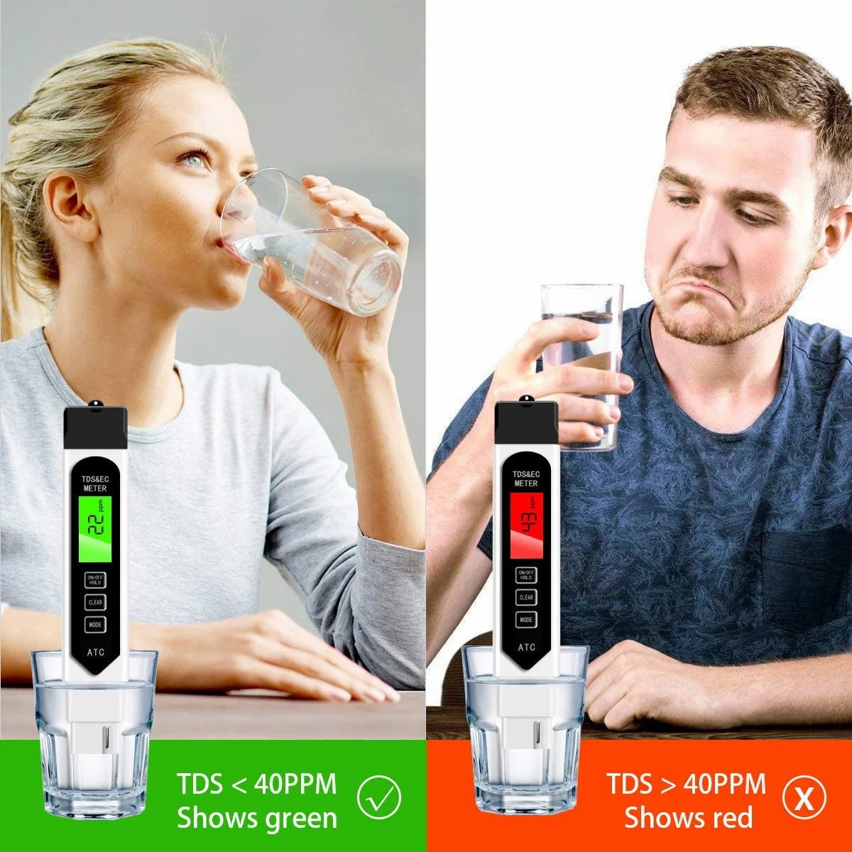 Vergleich der Wasserqualität mit einem TDS-Messgerät, das Grün für gute und Rot für schlechte Wasserqualität zeigt.