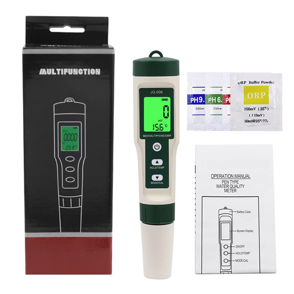 Ein Wasserqualitätsmessgerät mit einer Box, Bedienungsanleitung und pH-, ORP-Testpulvern.