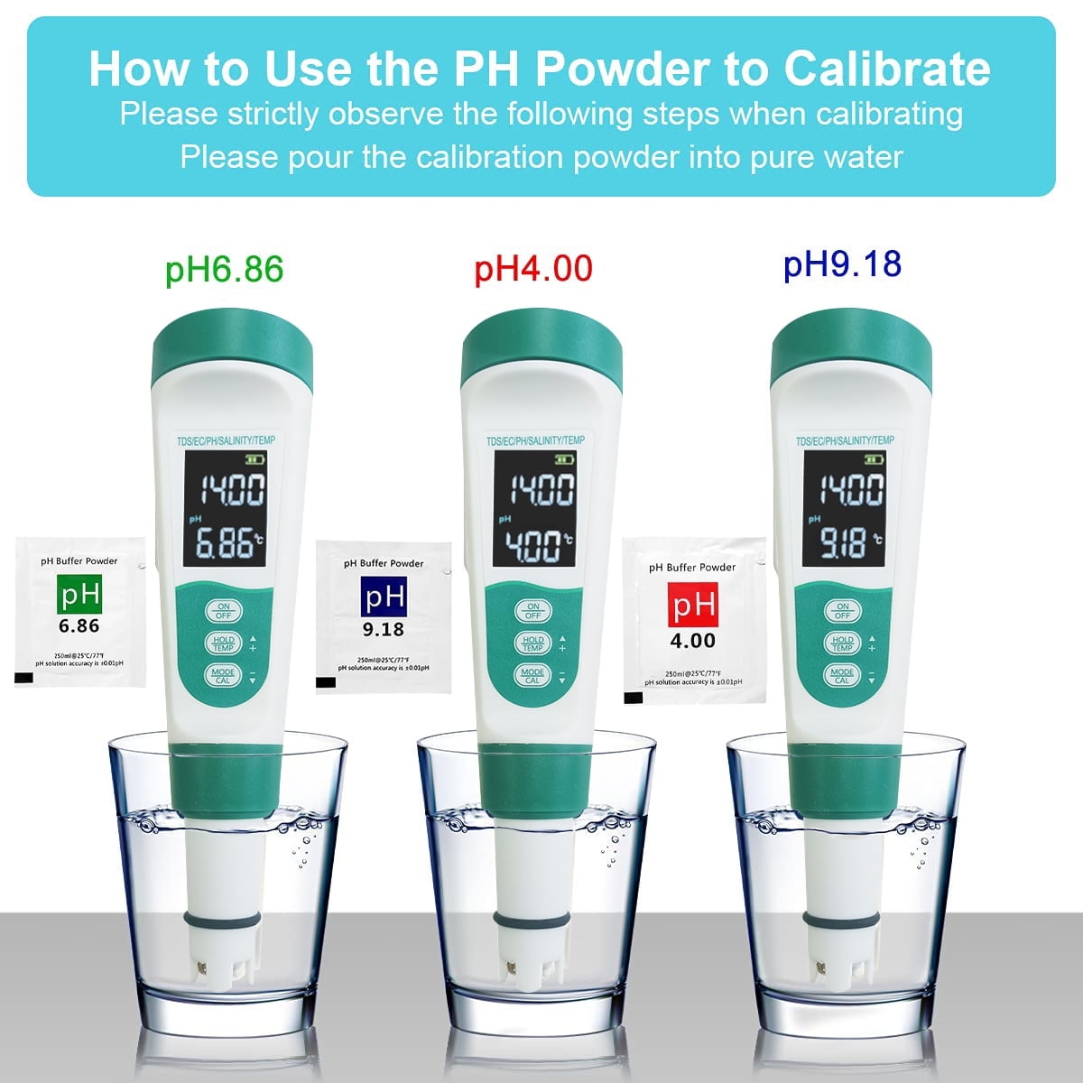 Drei pH-Messgeräte im Wasser, die pH-Werte und Kalibrieranweisungen mit pH-Pulverpackungen zeigen.