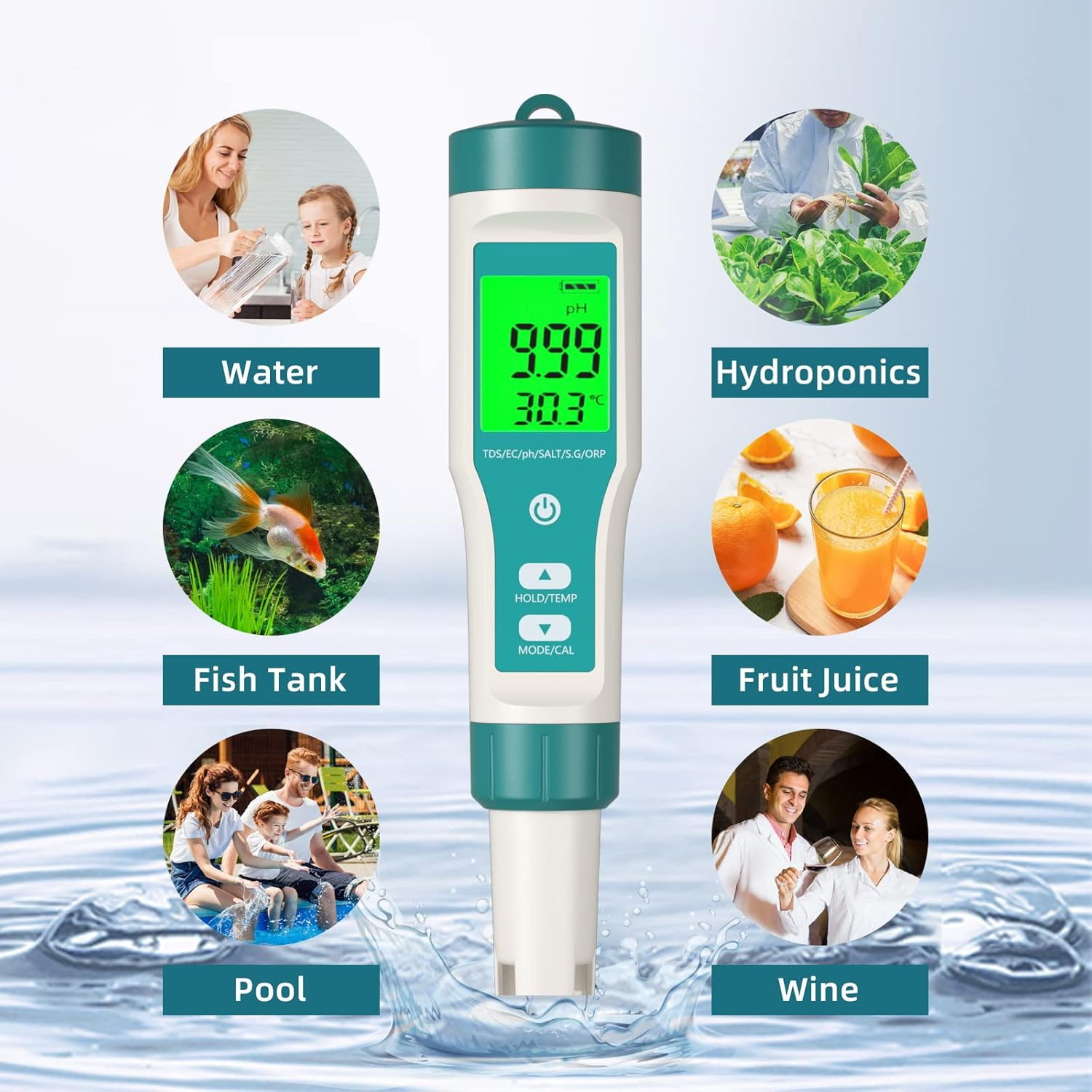 Ein pH-Messgerät in verschiedenen Umgebungen: Wasser, Aquarium, Pool, Hydrokultur, Fruchtsaft und Wein.
