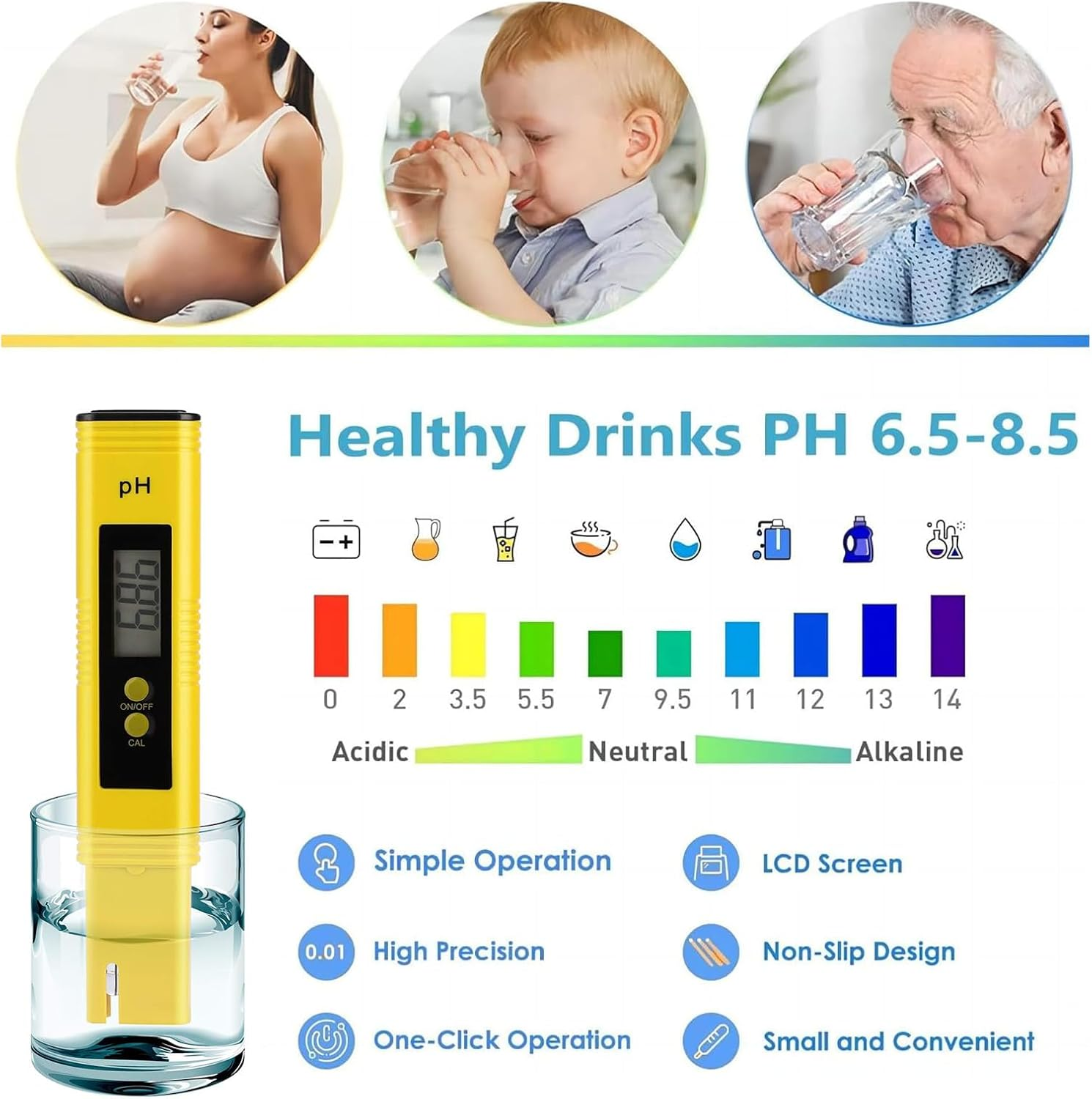 Ein pH-Wasserqualitätsmessgerät in einem Glas mit einer Tabelle für gesunde Getränke und Menschen, die Getränke genießen.