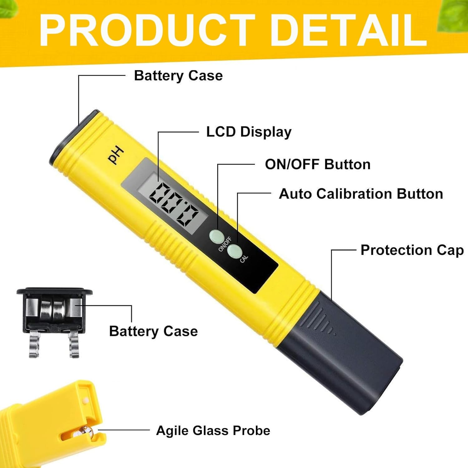 Ein gelbes digitales Wassertestgerät mit Display und Knöpfen, mit separatem Batteriedetail.