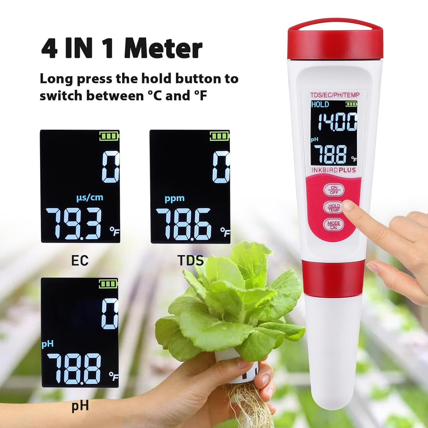 Eine Hand, die einen Wassertester hält, in der Nähe verschiedener Bildschirmanzeigen mit EC-, TDS- und pH-Werten.
