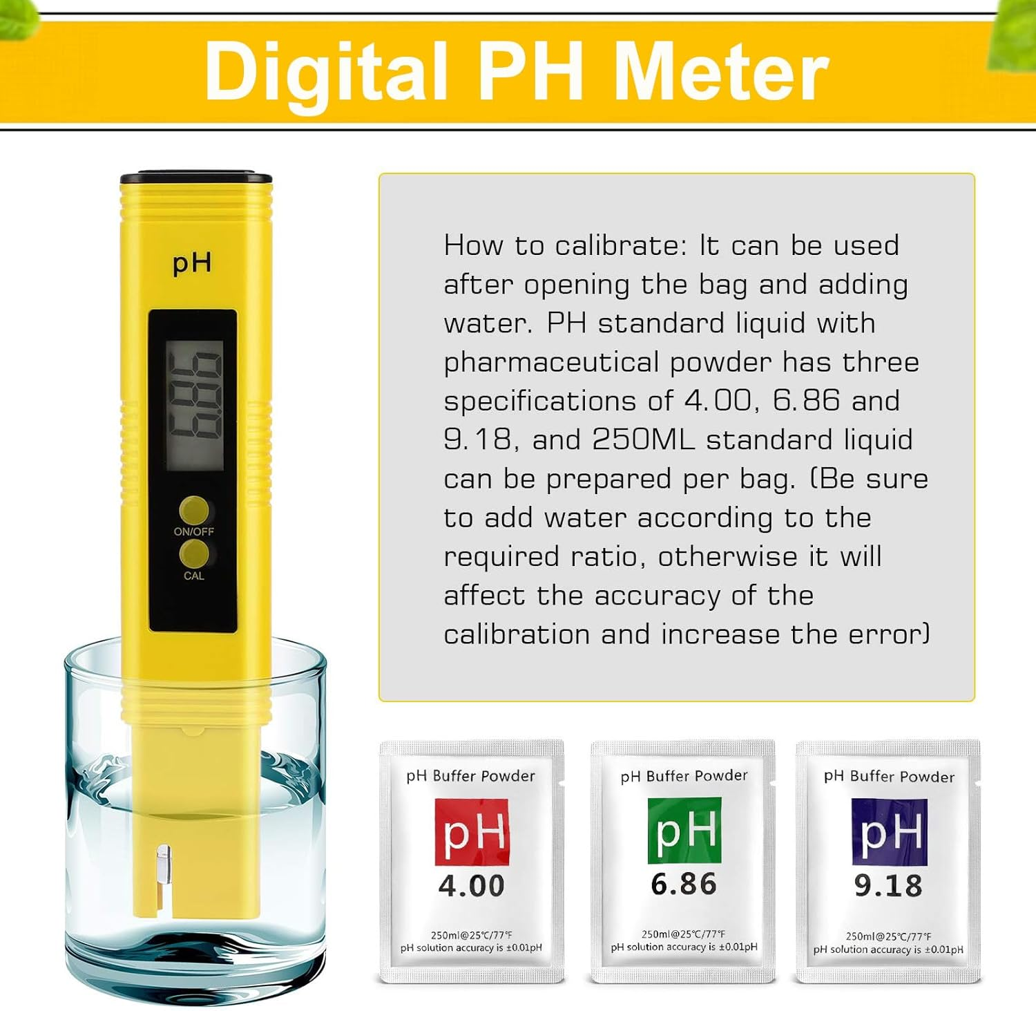 Ein gelbes digitales pH-Messgerät, das in Wasser eingetaucht ist, mit Kalibrierungspulverpackungen daneben.