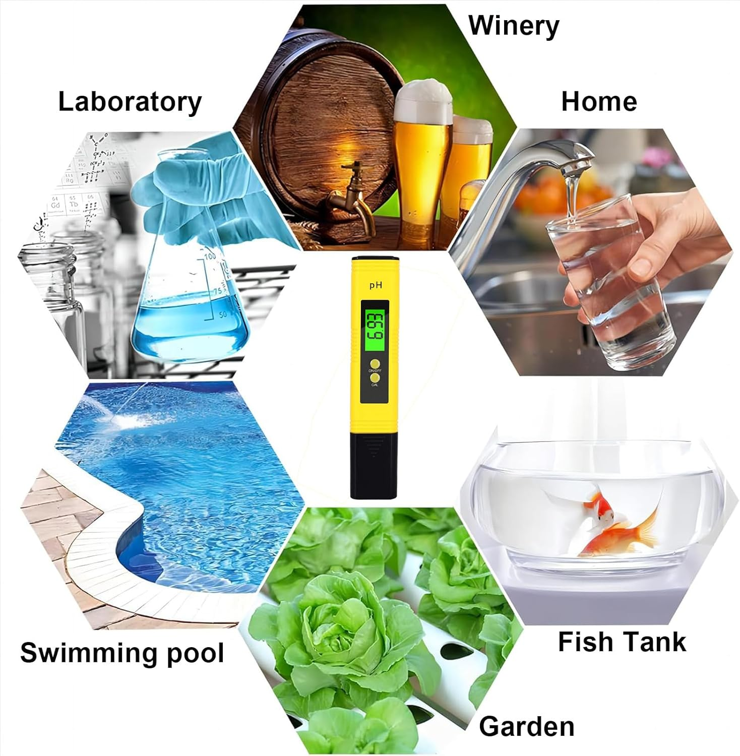 Ein digitales pH-Messgerät in der Nähe verschiedener Szenen: Labor, Weingut, Zuhause, Schwimmbad, Aquarium und Garten.