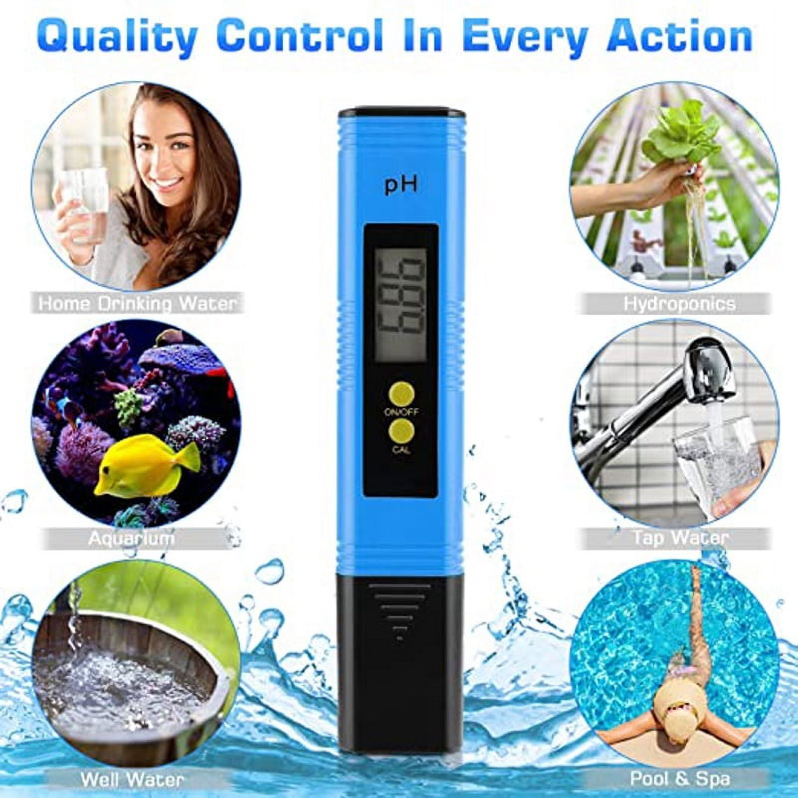 Blaues pH-Messgerät mit Grafiken, die Anwendungen zeigen: Wasser, Hydrokultur, Aquarium und Pool.