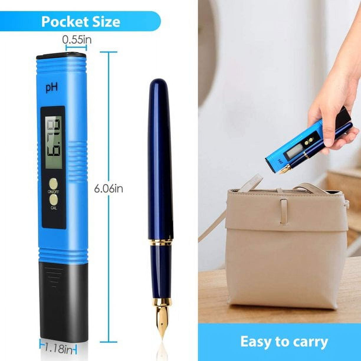 Blaues pH-Messgerät neben einem Stift, das Abmessungen zeigt. Stift zum Größenvergleich.