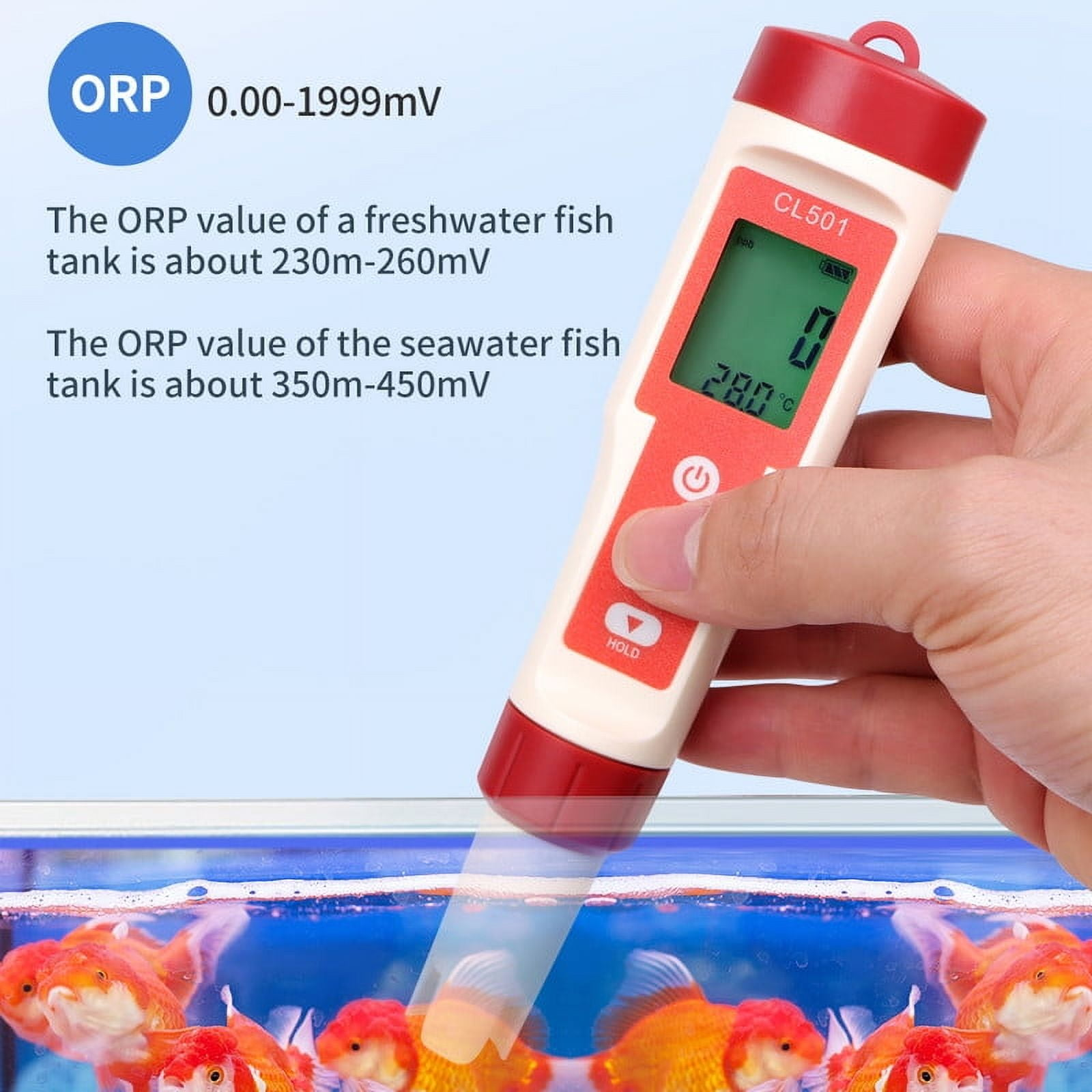 pH-Messgerät in einem Aquarium, mit Text über ORP-Werte. Fische und Tank im Hintergrund.