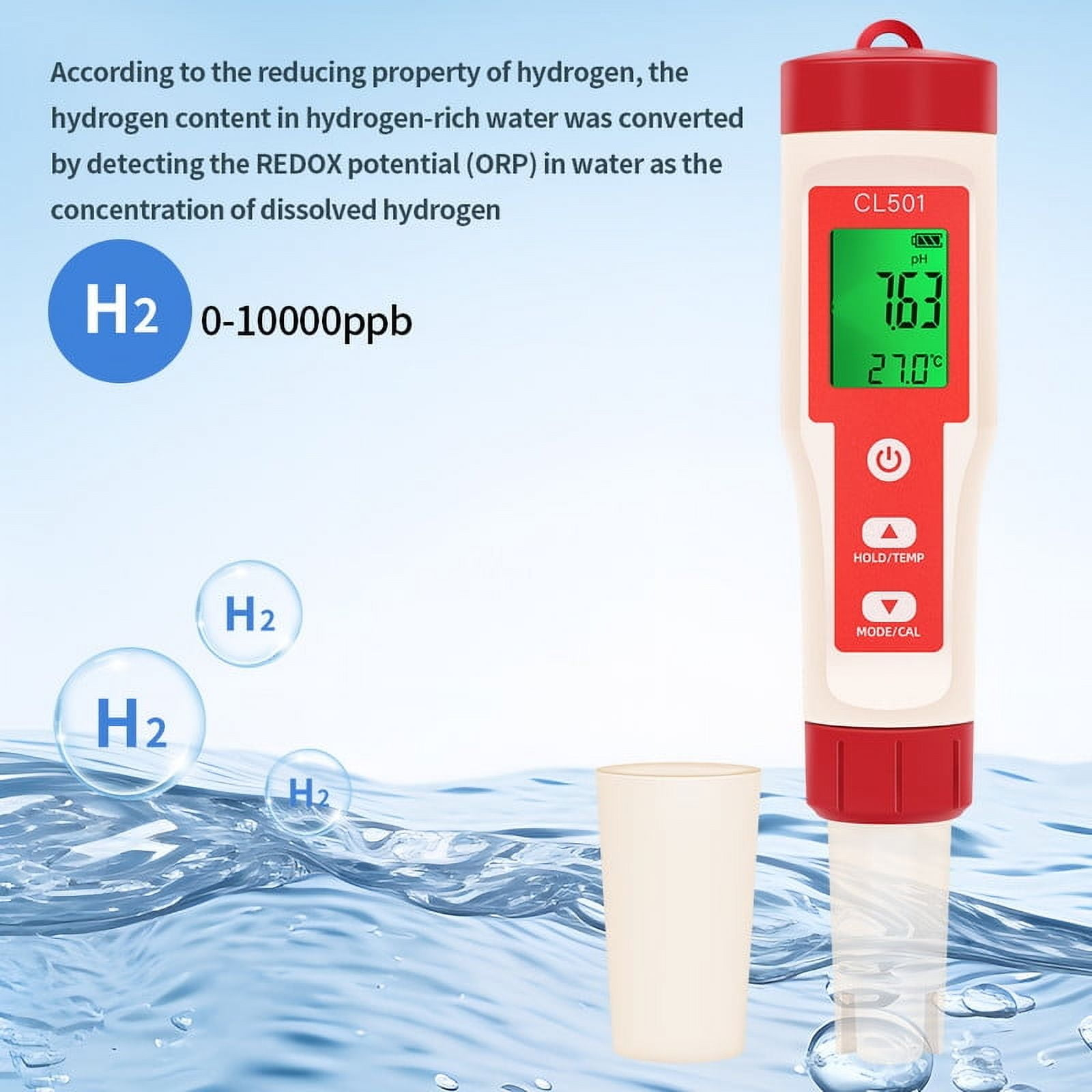 Ein Wassertester mit rotem Deckel und weißem Gehäuse steht neben einem Wasserglas. Blasen schweben im Wasser. Text erklärt Wasserstoff.