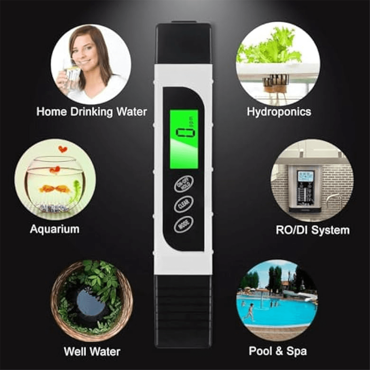 pH-Messgerät mit Anwendungen: Hauswasser, Hydrokultur, Aquarium, Brunnenwasser und Pool.