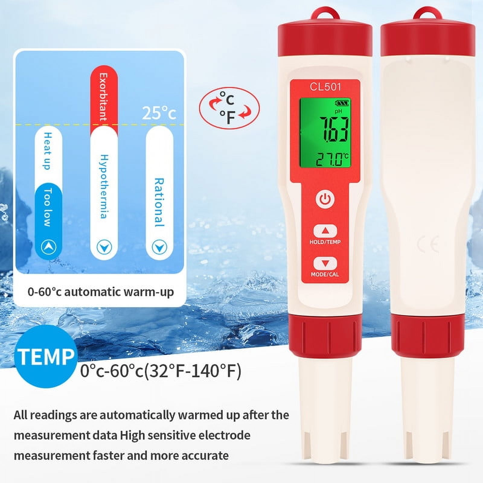 Zwei Wassertester werden gezeigt, einer mit Anzeige. Es gibt auch eine Tabelle über Temperatur und ihre Auswirkungen.