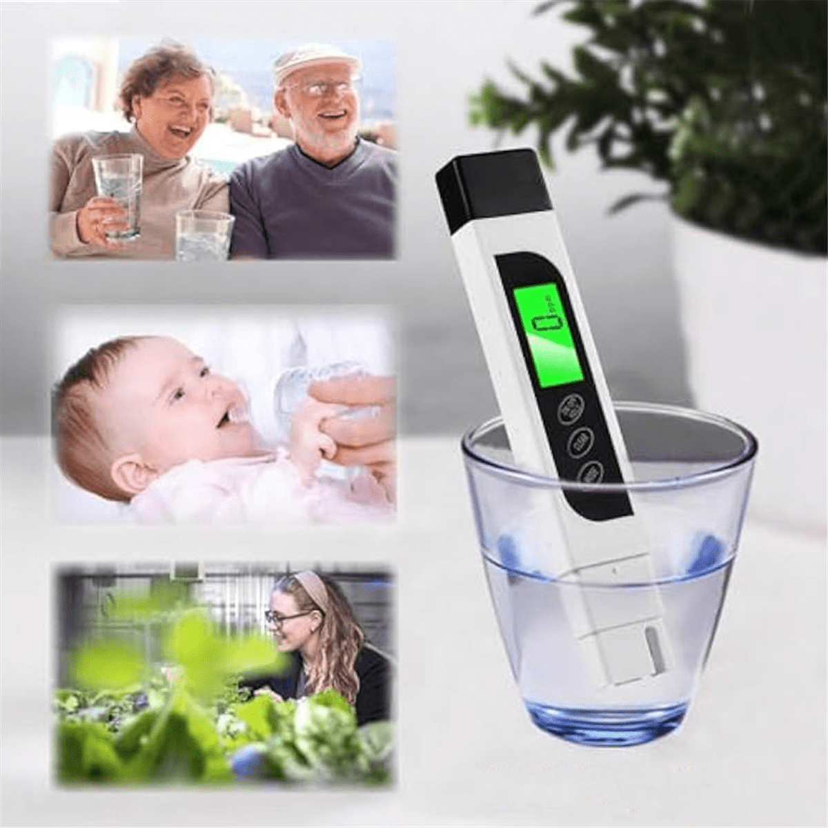 Ein Wasserqualitätsmessgerät in einem Wasserglas, mit Bildern von Menschen im Hintergrund, die Wasser verwenden.